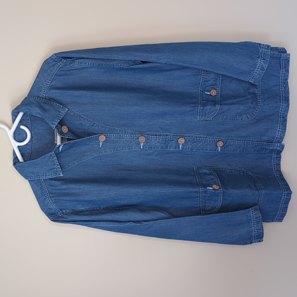 AKS for Nordstrom Tencel Lyocell Button Up Denim Look Coat M Blue Pockets AmyKSu